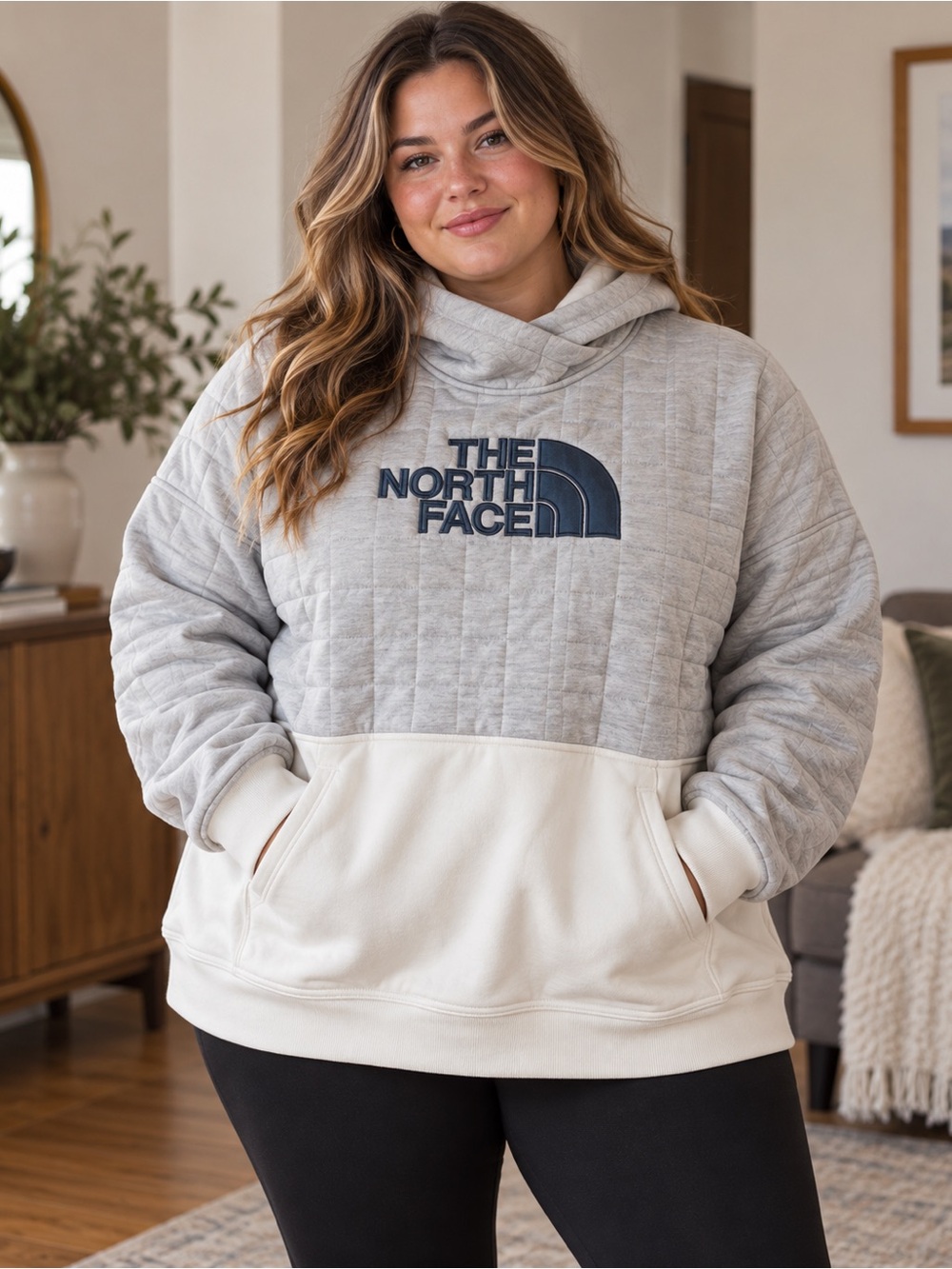 The North Face Quilted Hooded Pullover in Light Gray and Cream